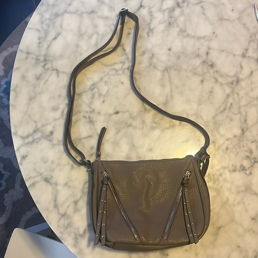 Jessica Simpson cement gray satchel crossbody bag with silver zippers/hardware